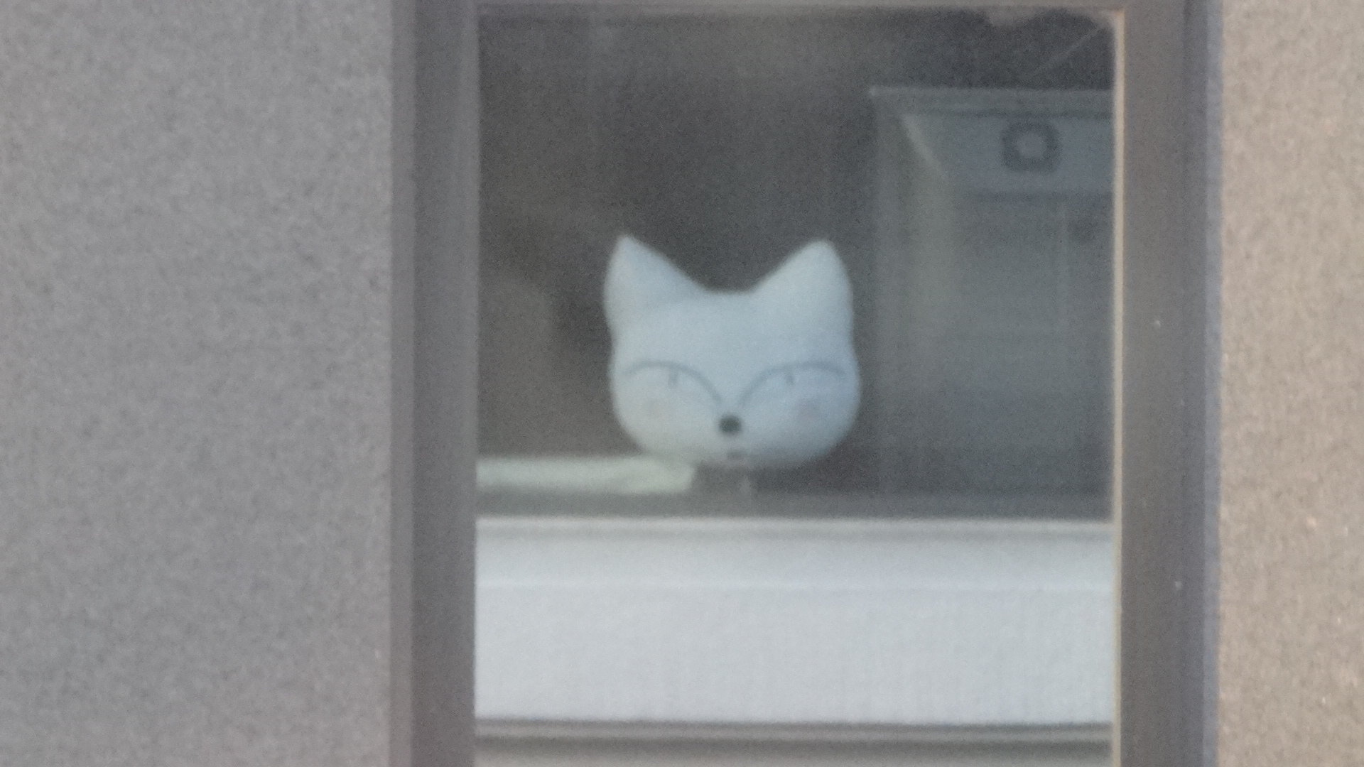 お向いさんのビルの窓に写るネコの形をしたクッション