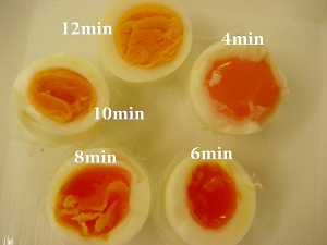 煮沸時間によるゆで卵の黄身の変化を示した写真