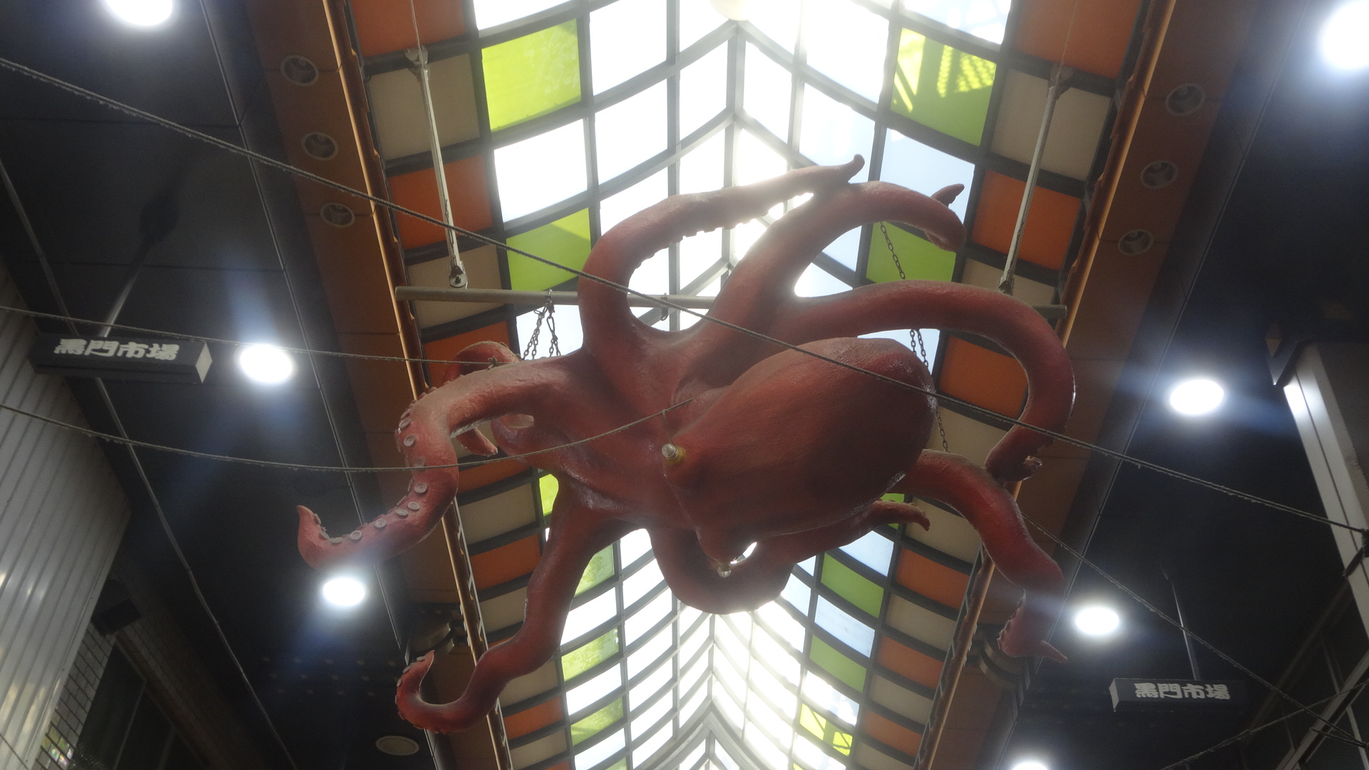 天井から吊るされた巨大なタコのオブジェ