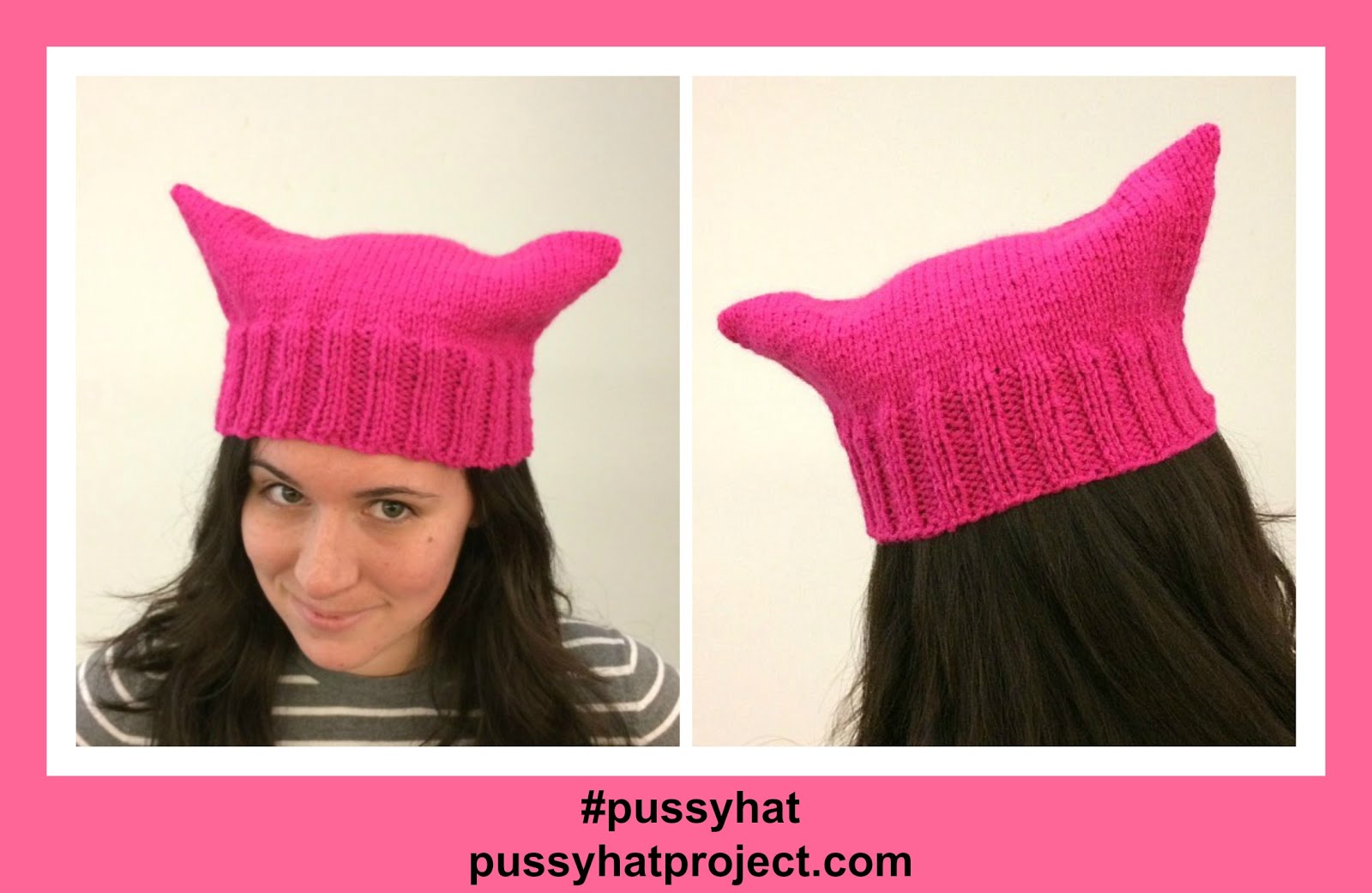 ピンク色のネコの耳の形をした毛糸で編まれた帽子