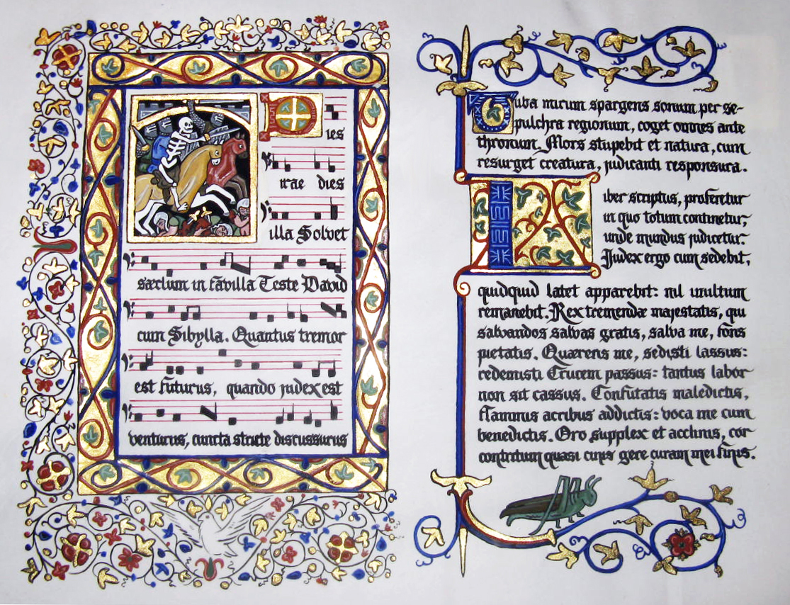 怒りの日の楽譜が書かれた美しい装飾が施された中世の本
