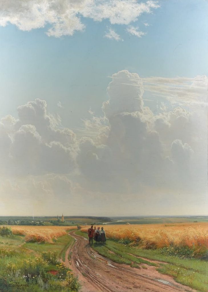 夏の午後の青い空の下に広がるライ麦畑を描いた絵画
