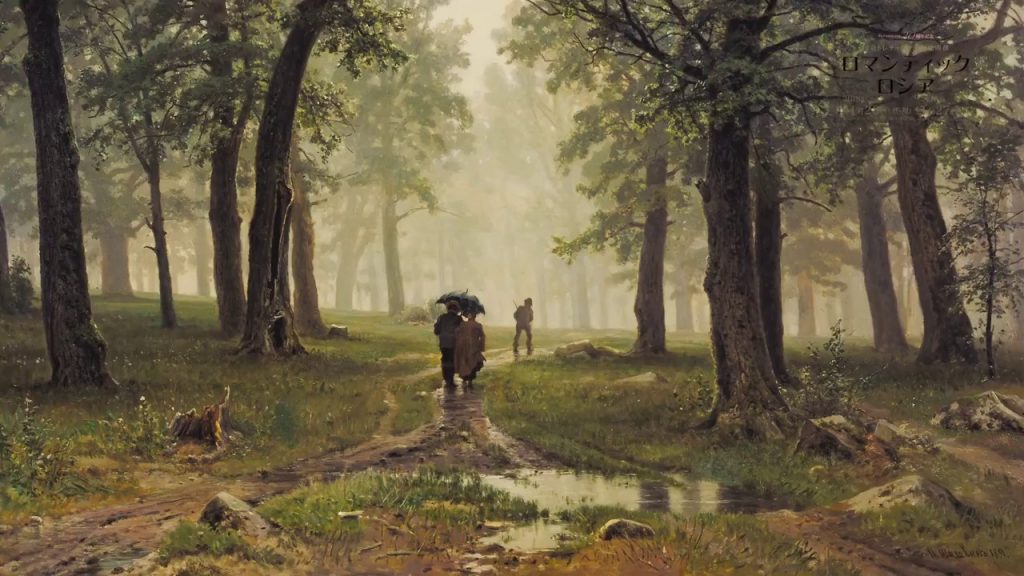 雨の樫の木の林を描いた絵画