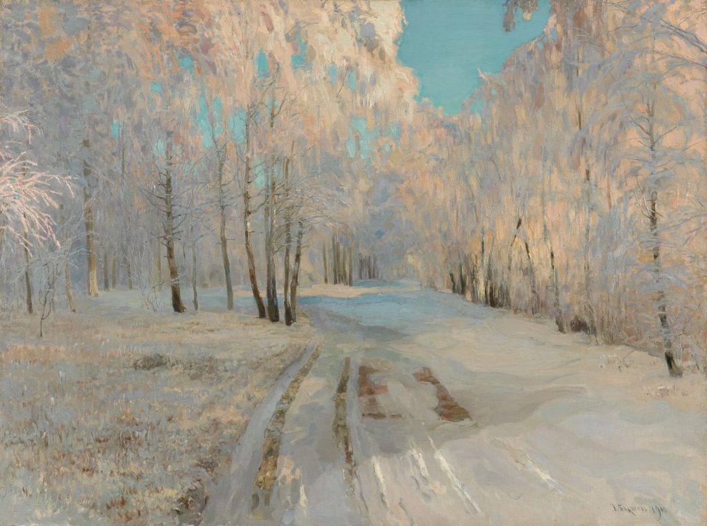 樹氷の林の中の1本道を描いた絵画