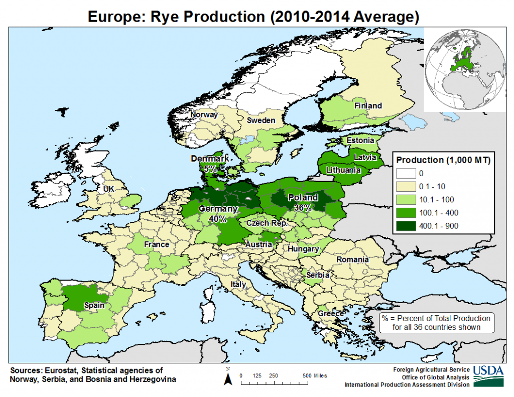 ヨーロッパのライ麦生産地を示す地図