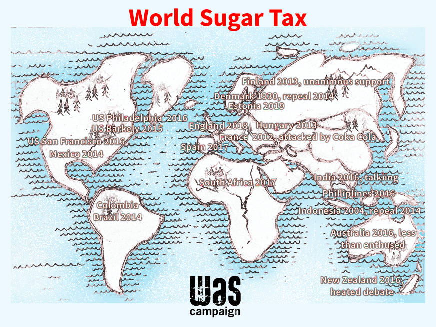 砂糖税を導入している国を示した世界地図