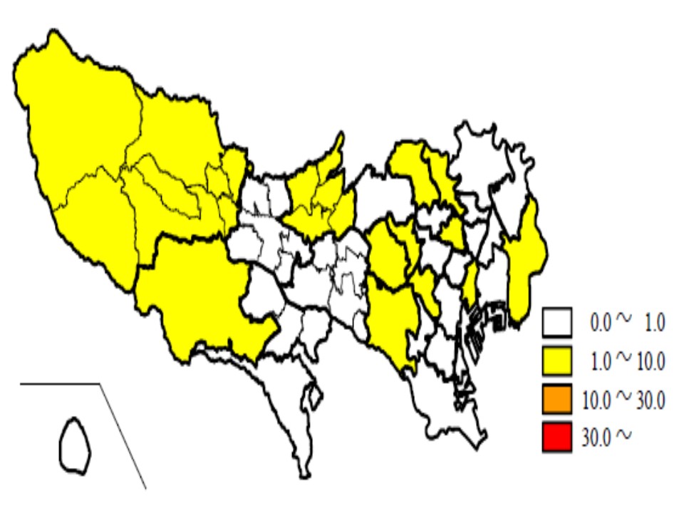 都内で感染者が多い地域を示した地図