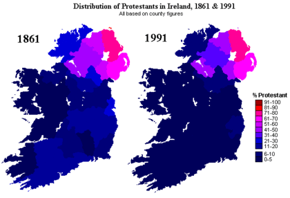 アイルランドにおけるカトリック　プロテスタント信者の分布図