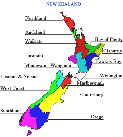 ニュージーランドの州が描かれた地図