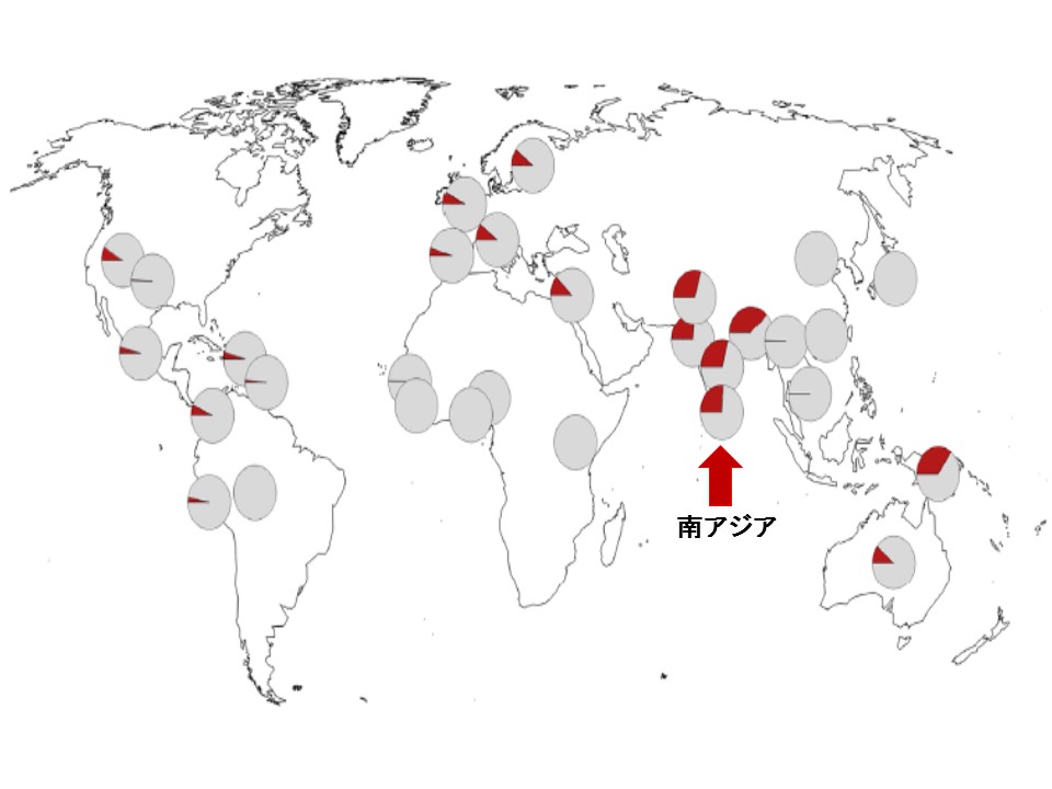 世界各地での重症化に関わるゲノム配列の保有率を示す地図