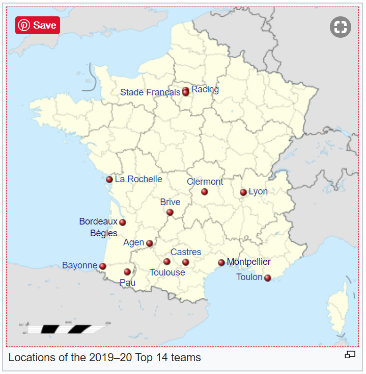 TOP14の各チームの本拠地を示すフランス全土の地図