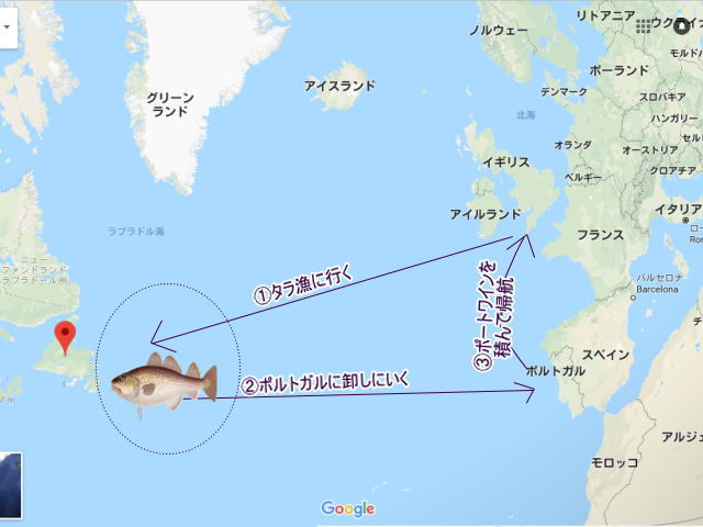 バカリャウ　ポートワインを運ぶ航路を示す地図