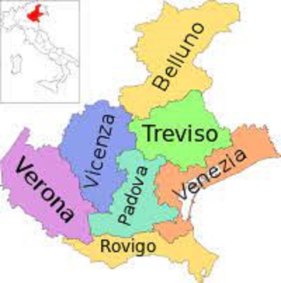 ヴェネト州の主なブドウ生産地を示す地図