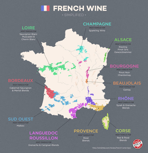 フランスのワイン栽培地の位置を示した地図